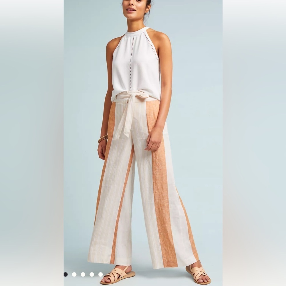 Ett:twa by Anthropologie orange stripe tie waist zip close 100% linen pants - Picture 2 of 16